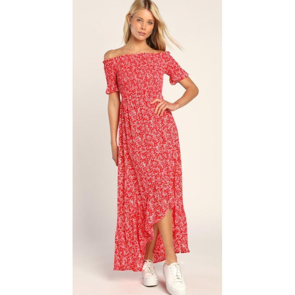 Lulu’s Fleur-tation Red Floral Print Off-the-Shoulder Mid‎ Dress Large